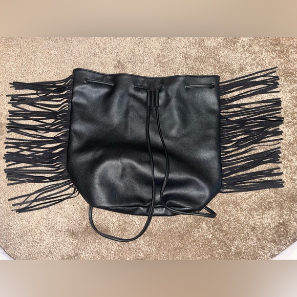 Victoria's Secret Black Faux Leather Fringe Hobo Women's Backpack - Picture 8 of 13